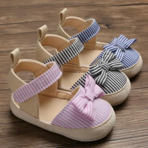 Полосатая мягкая обувь для новорожденных девочек с бантиком Нескользящие