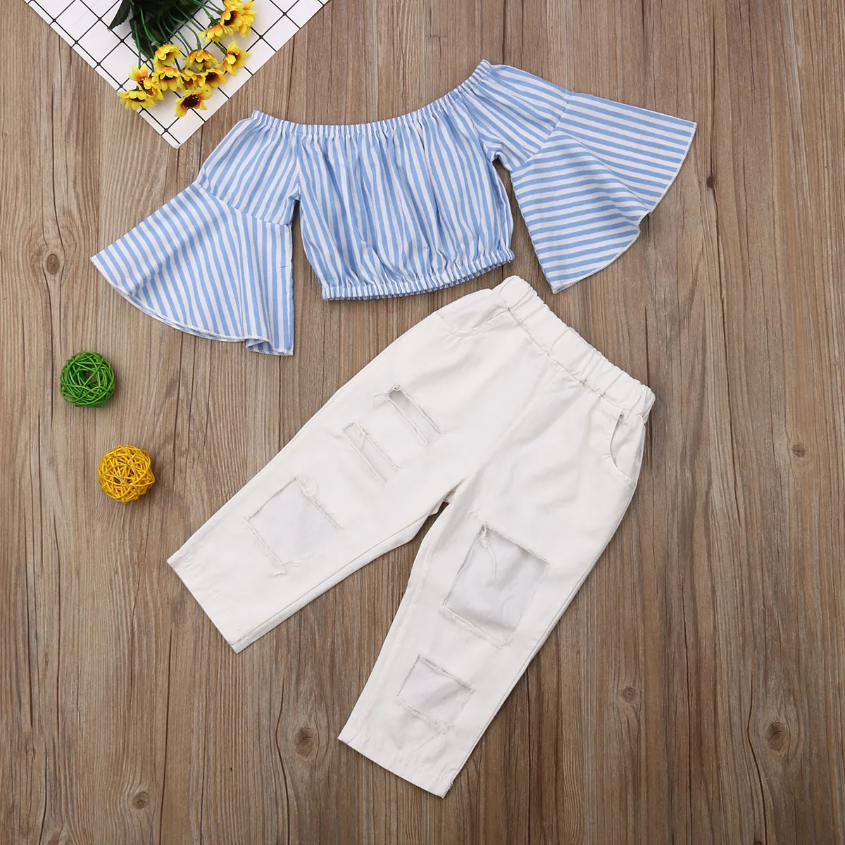 Летние комплекты одежды из 2 предметов для маленьких девочек топы в полоску с