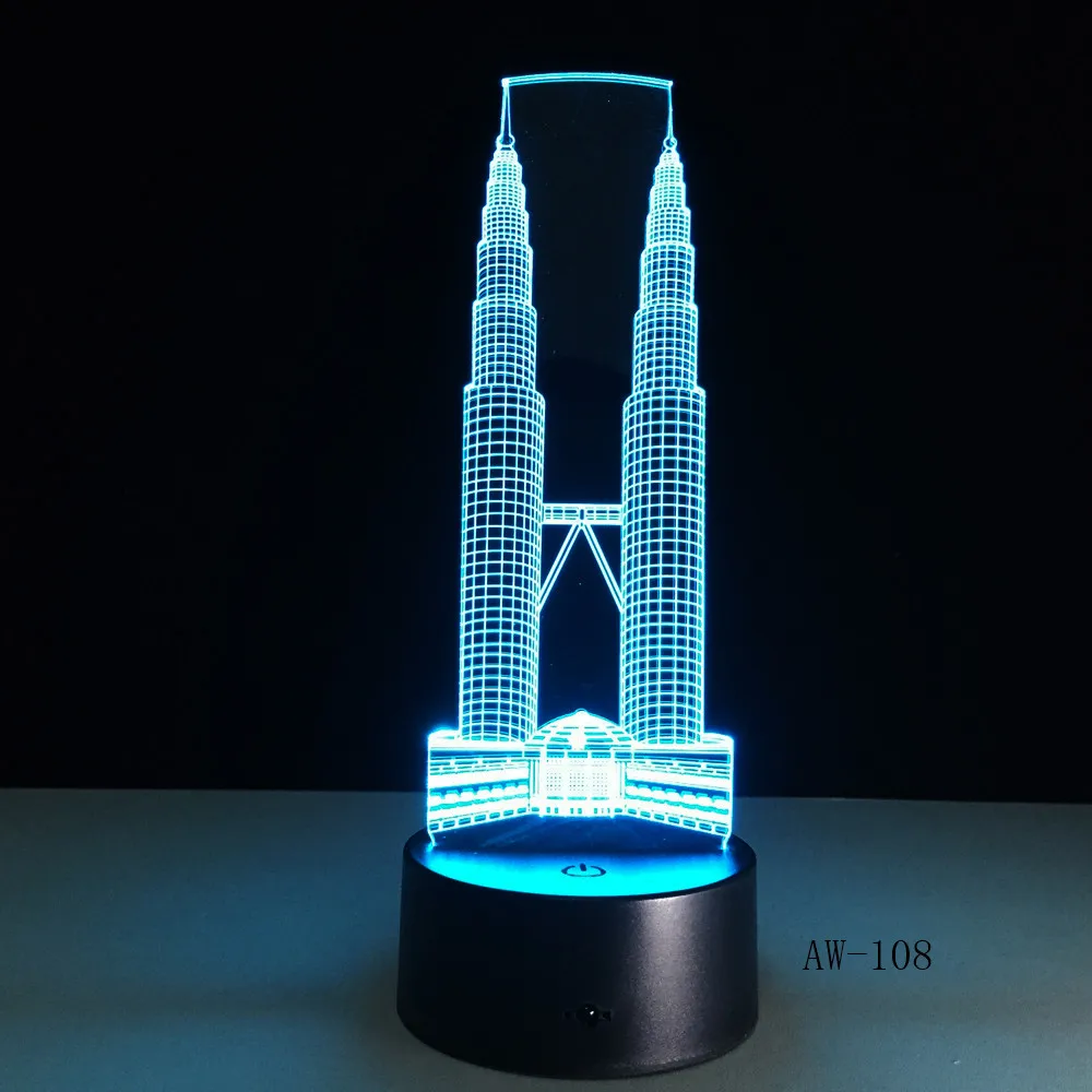 3D LED Night Light Petronas Twin Towers Desk Lamp Mood 7 Color Change Living Room Home Decor Christmas Gift Flashlight AW-108
3D LED Night Light Petronas Twin Towers Desk Lamp Mood 7 Color Change Living Room Home Decor Christmas Gift Flashlight AW-108
