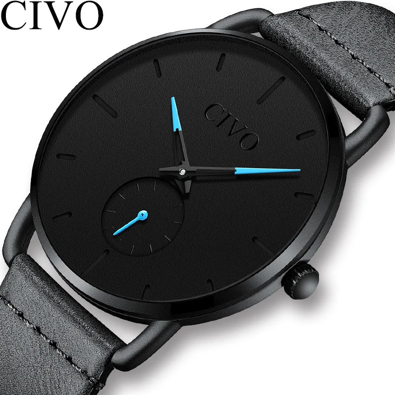Мужские часы CIVO уникальный дизайн новинка 2019 Кожаные Спортивные Повседневные