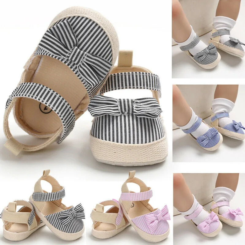

PUDCOCO Newest Pretty Summer Baby Girl Bowknot Striped Sandals Clogs Anti-Slip Crib Shoes Soft Sole Prewalkers 0-18M