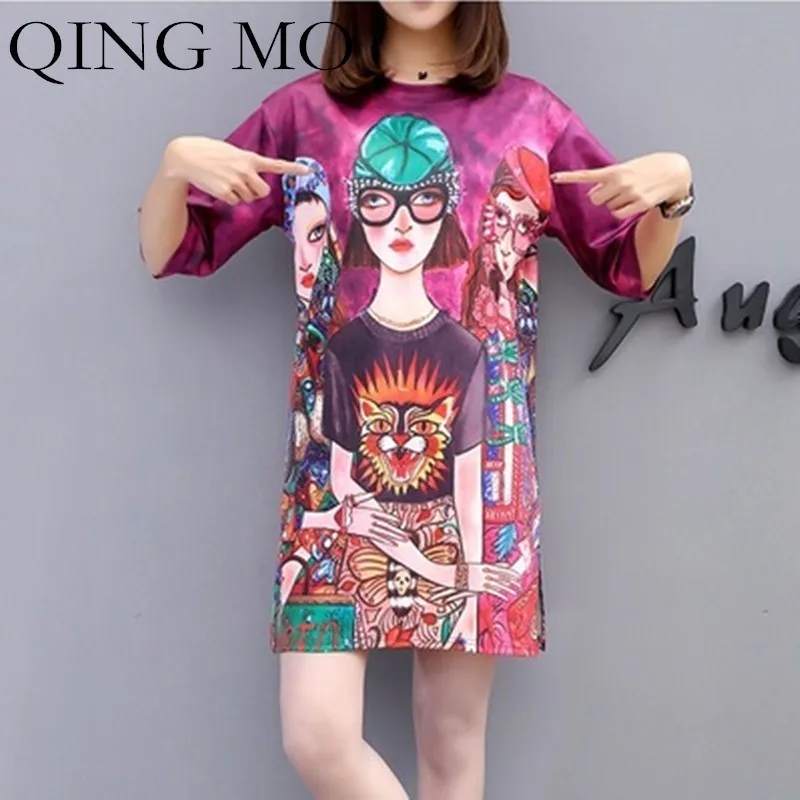 Фото QING MO/фиолетовое платье с коротким рукавом лето 2020 футболка принтом для женщин