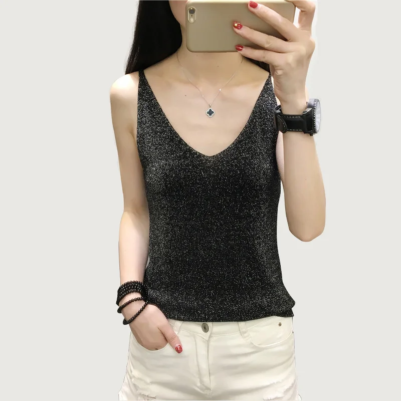 Women Tops Knitted Sling Sexy Deep V-neck Sleeveless Gold Wire Knitting Tank Female Lnside Wear Slim Knitted Camisole Top 2021
Women Tops Knitted Sling Sexy Deep V-neck Sleeveless Gold Wire Knitting Tank Female Lnside Wear Slim Knitted Camisole Top 2021