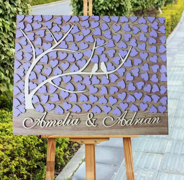 

3D Wedding Guest Book Alternatives,Custom Purple Theme Wooden Hearts With Love Birds,Rustic Personalized Wedding Guestbook Sign