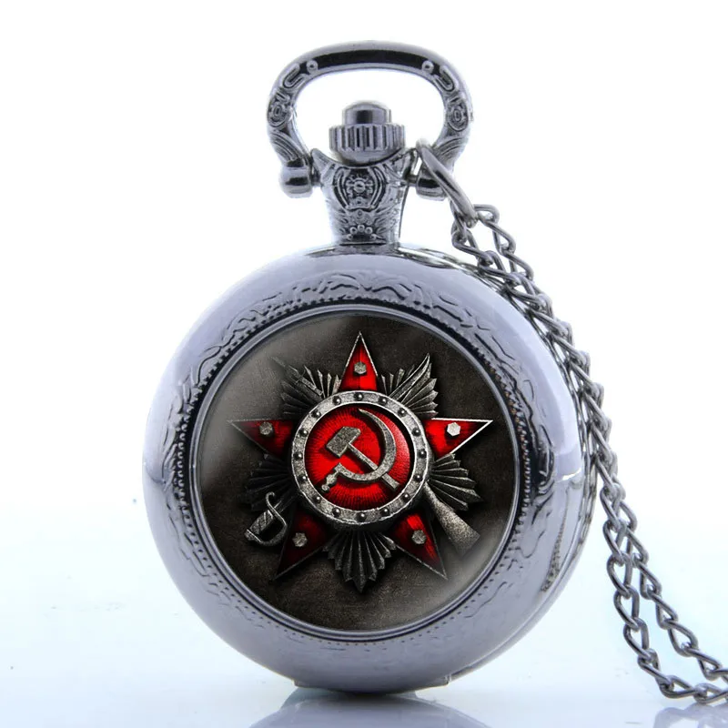 

IBEINA Soviet Union Theme Full Hunter Quartz Engraved Fob Retro Pendant Pocket Watch Chain Gift Steampunk Pocket Watch Men