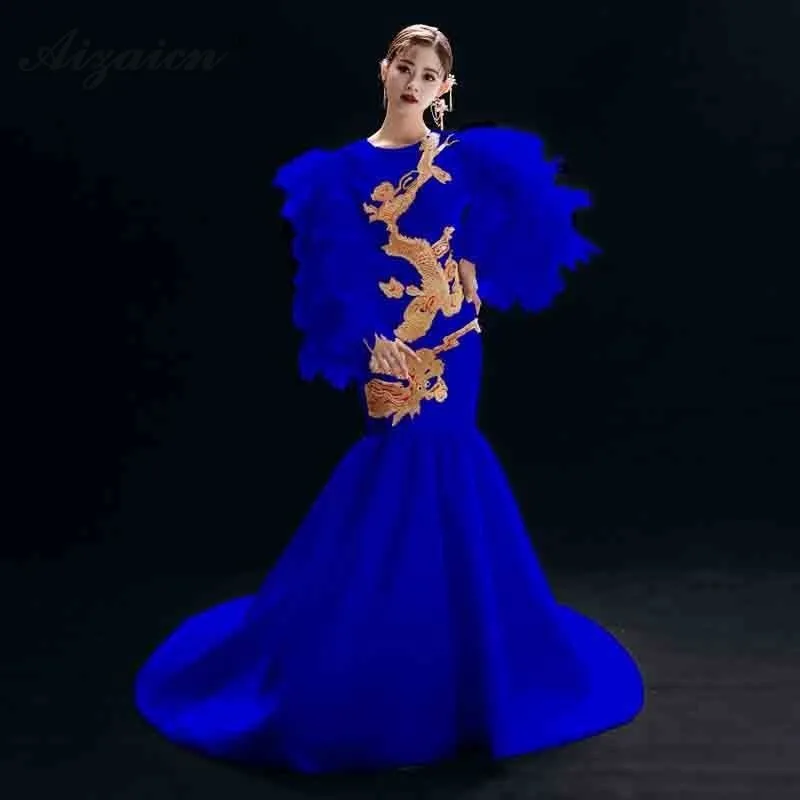 Королевский синий вышивка Чонсам с драконами современный хост Qi Pao для женщин в