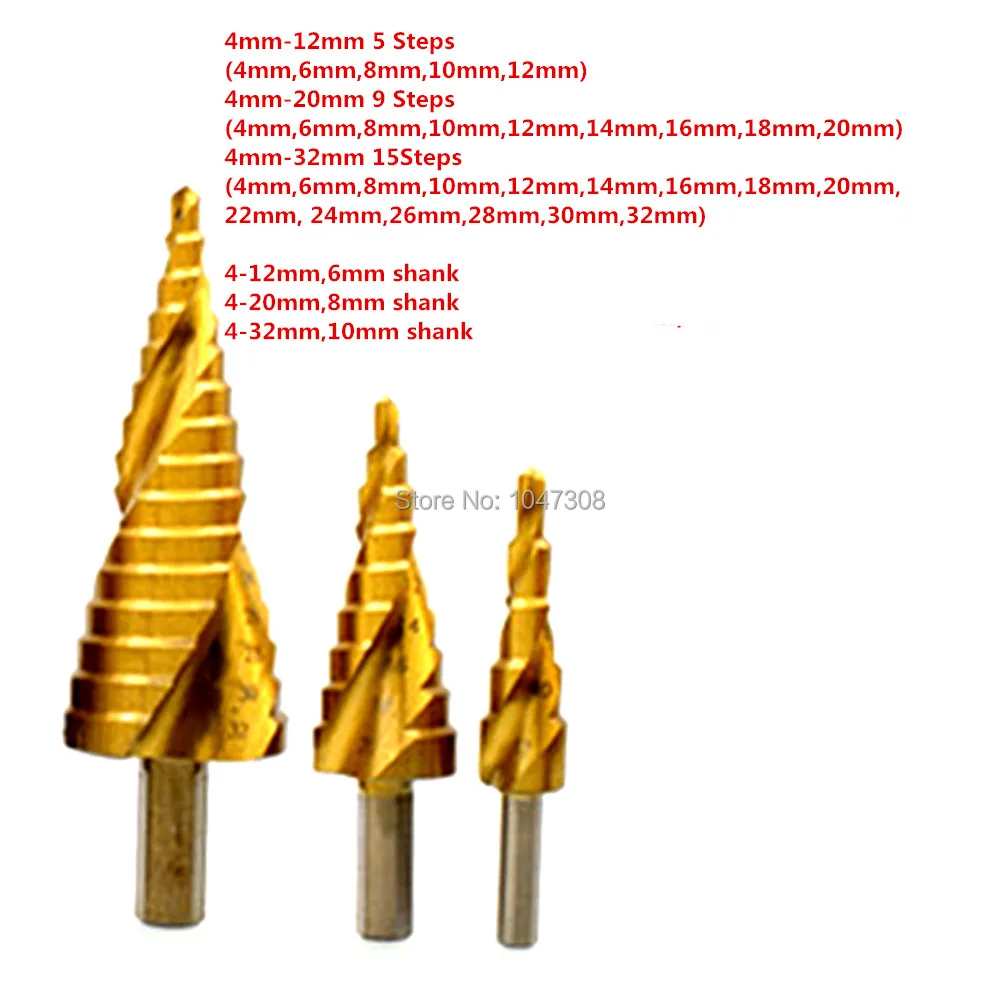 4-12mm 4-20mm 4-32mm High Speed Steel Step Drill Bit Titanium Coated Aluminium Brass Copper Plastic Steel Metal Wood Drilling
4-12mm 4-20mm 4-32mm High Speed Steel Step Drill Bit Titanium Coated Aluminium Brass Copper Plastic Steel Metal Wood Drilling