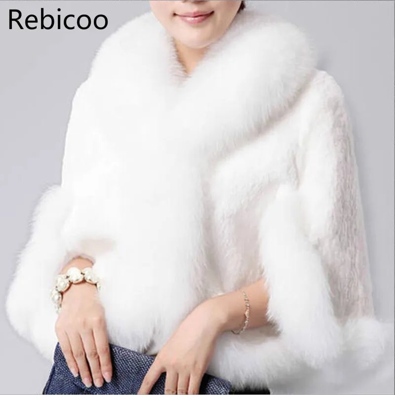 

New Fur Faux Coat Mink Hair Rex Rabbit Hair Cape Jacket Black White Fur Overcoat Imitation Rabbit Fur Faux Fox Collar XXXL