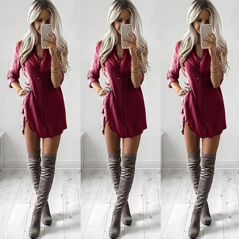 Womens Casual Button Mini Dress Lapel Long Sleeve Tops Short Dresses Lady Sexy V Neck Loose Solid Color Turtleneck Fashion Dress
Womens Casual Button Mini Dress Lapel Long Sleeve Tops Short Dresses Lady Sexy V Neck Loose Solid Color Turtleneck Fashion Dress