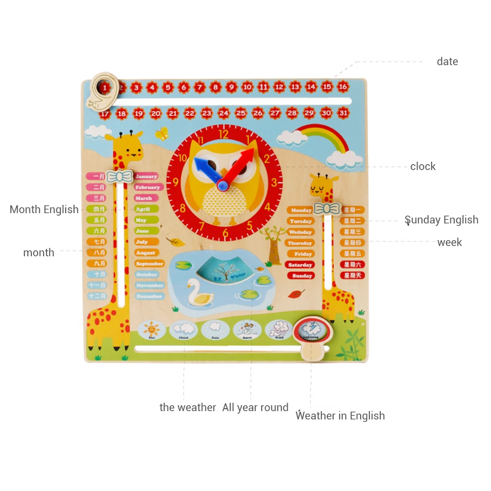 Обучающие деревянные часы игрушка доска с календарем показ календарь таблица