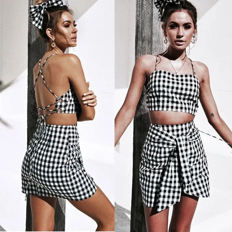 Fashion Ladies Summer Women Bodycon 2 Piece Crop Top Skirt Outfit Set Party Club