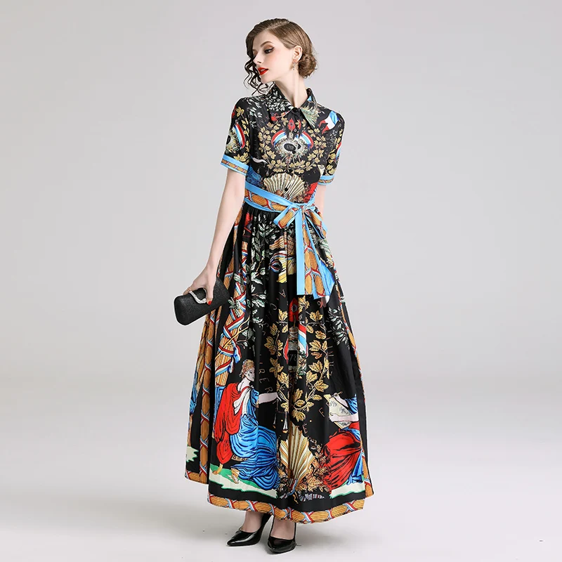 Runway Designers women dress ladies Fashion Casual bow tie up waist short sleeve Printed Vintage Dresses maxi Vestidos robes
Runway Designers women dress ladies Fashion Casual bow tie up waist short sleeve Printed Vintage Dresses maxi Vestidos robes