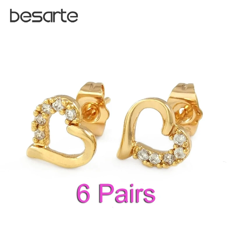 

6 Pairs Wholesale Gold-color Heart Earings Stud Earrings For Women Oorbellen Boucles D'oreilles Femme Orecchini Ohrringe E3059
