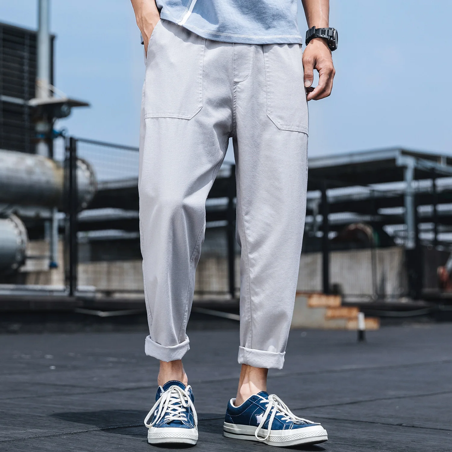 2019 Summer Men's Fashion Trend Haren Pants Youth Cotton Casual Wash Bound Feet Khaki/grey/black Trousers M-5XL | Мужская одежда