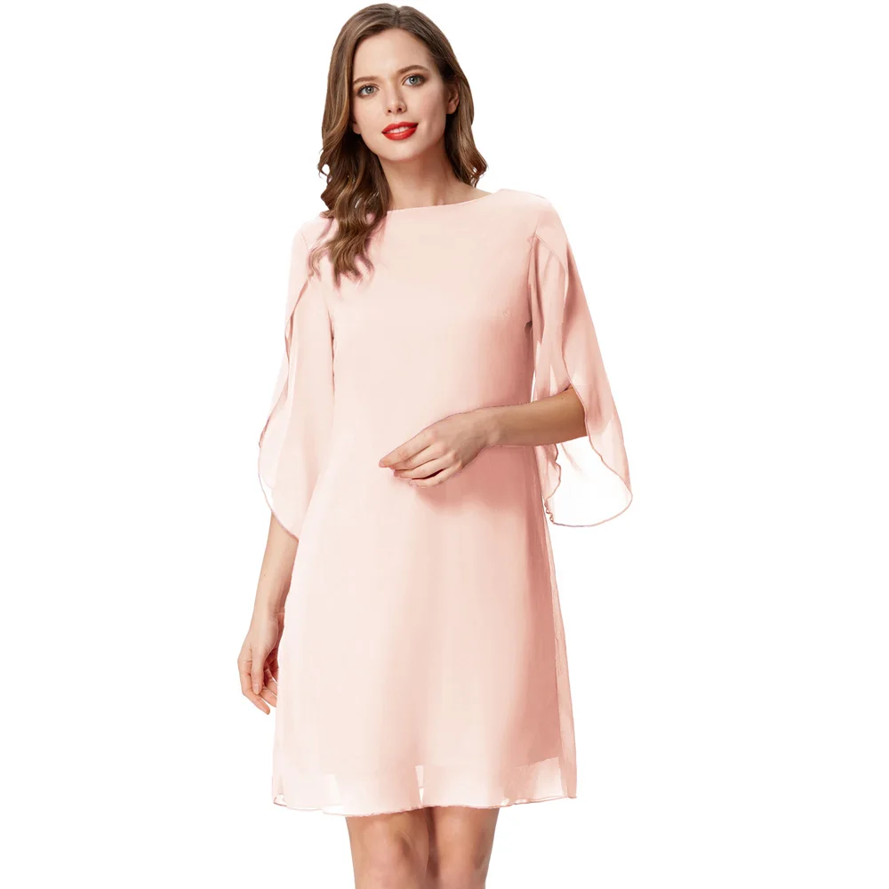 

GK solid color Women elegant Summer Double-Layer 3/4 Split Sleeves dresses retro Scoop Neck V-Back Chiffon Dress lady