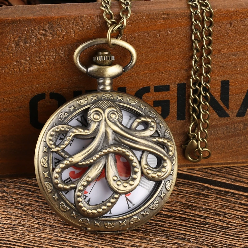 3 типа ретро Осьминог полые крышки кварцевые карманные часы бронзовое Ожерелье