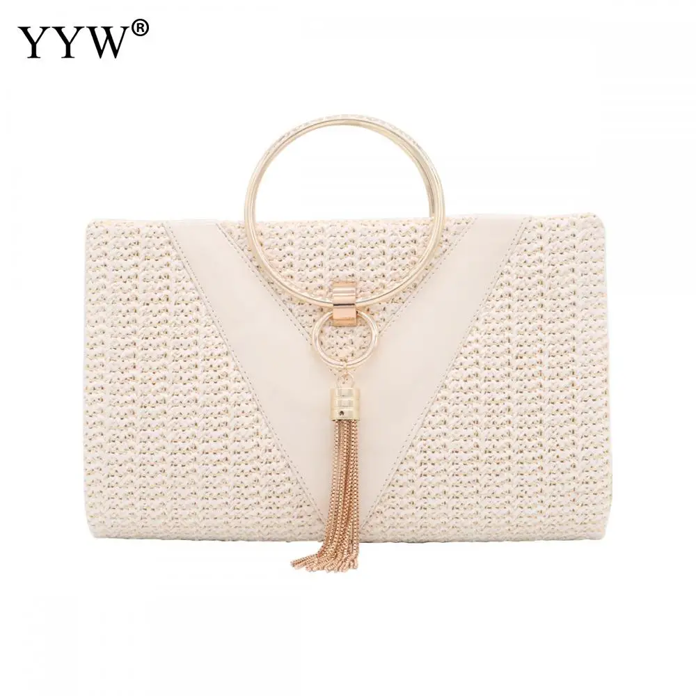 

Elegant Straw Women Evening Clutches Bag Tassels Female Crossbody Bag Ladies Envelope Purse For Party White Yellow Handbags Boho