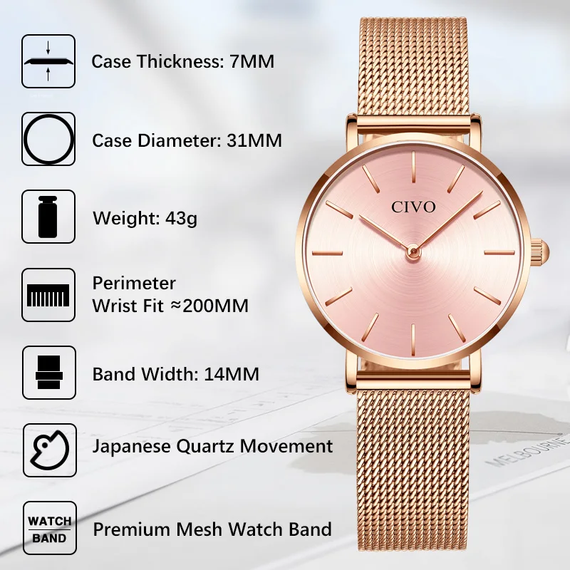 CIVO Ladies Pink Watches Women Waterproof Steel Mesh Simple Luxury Ultra Thin Quartz Bracelet Watch Clock Relogio Feminino
CIVO Ladies Pink Watches Women Waterproof Steel Mesh Simple Luxury Ultra Thin Quartz Bracelet Watch Clock Relogio Feminino