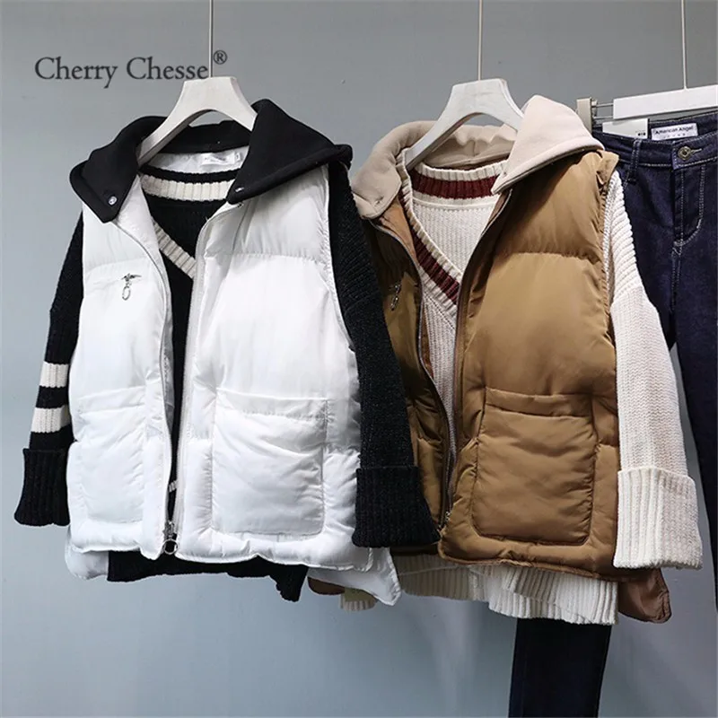 Cherry Chesse Harajuku женский стеганый жилет с капюшоном однотонный карман на молнии топы