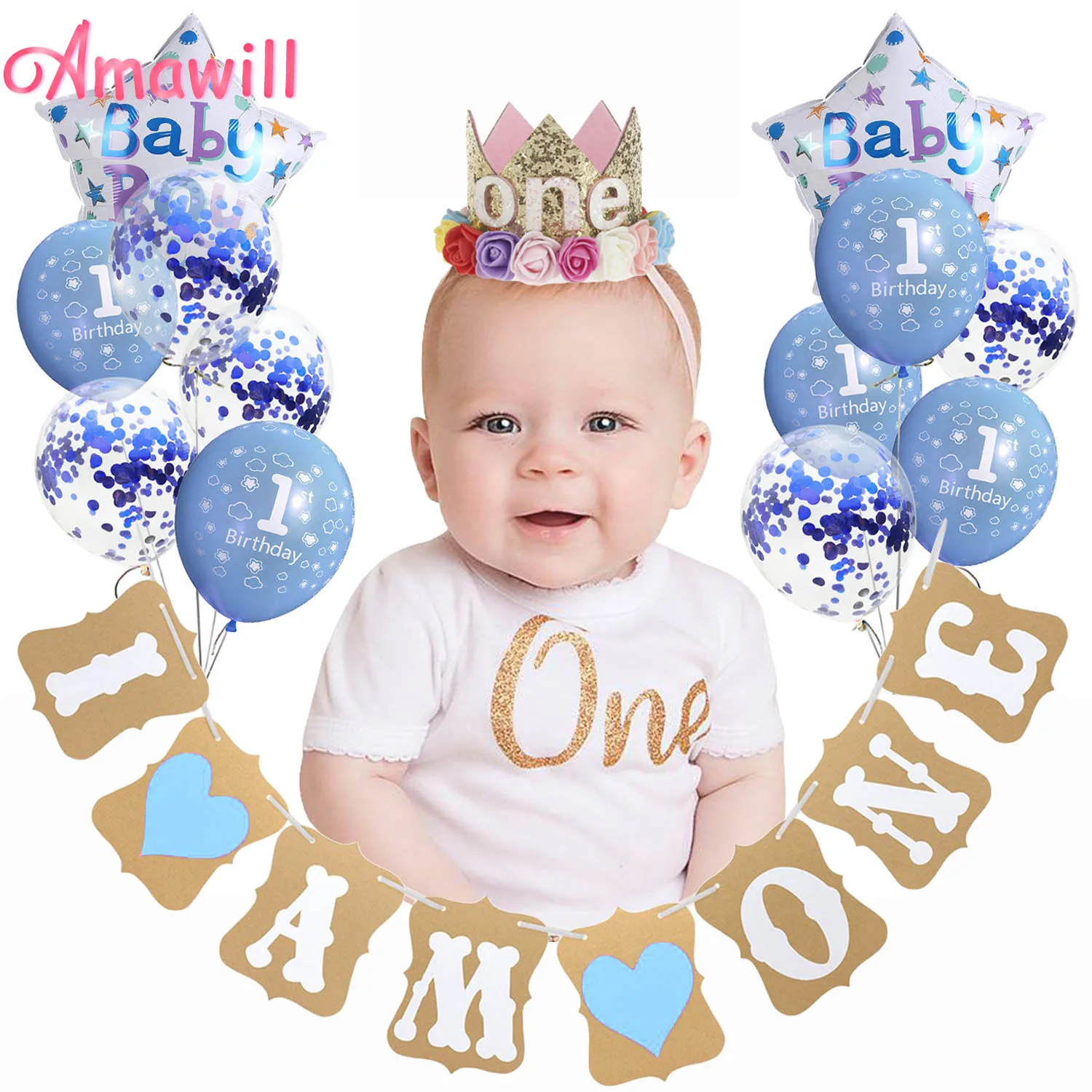 Amawill 1 год День Рождения украшения комплект для 1st латексный воздушный шар из