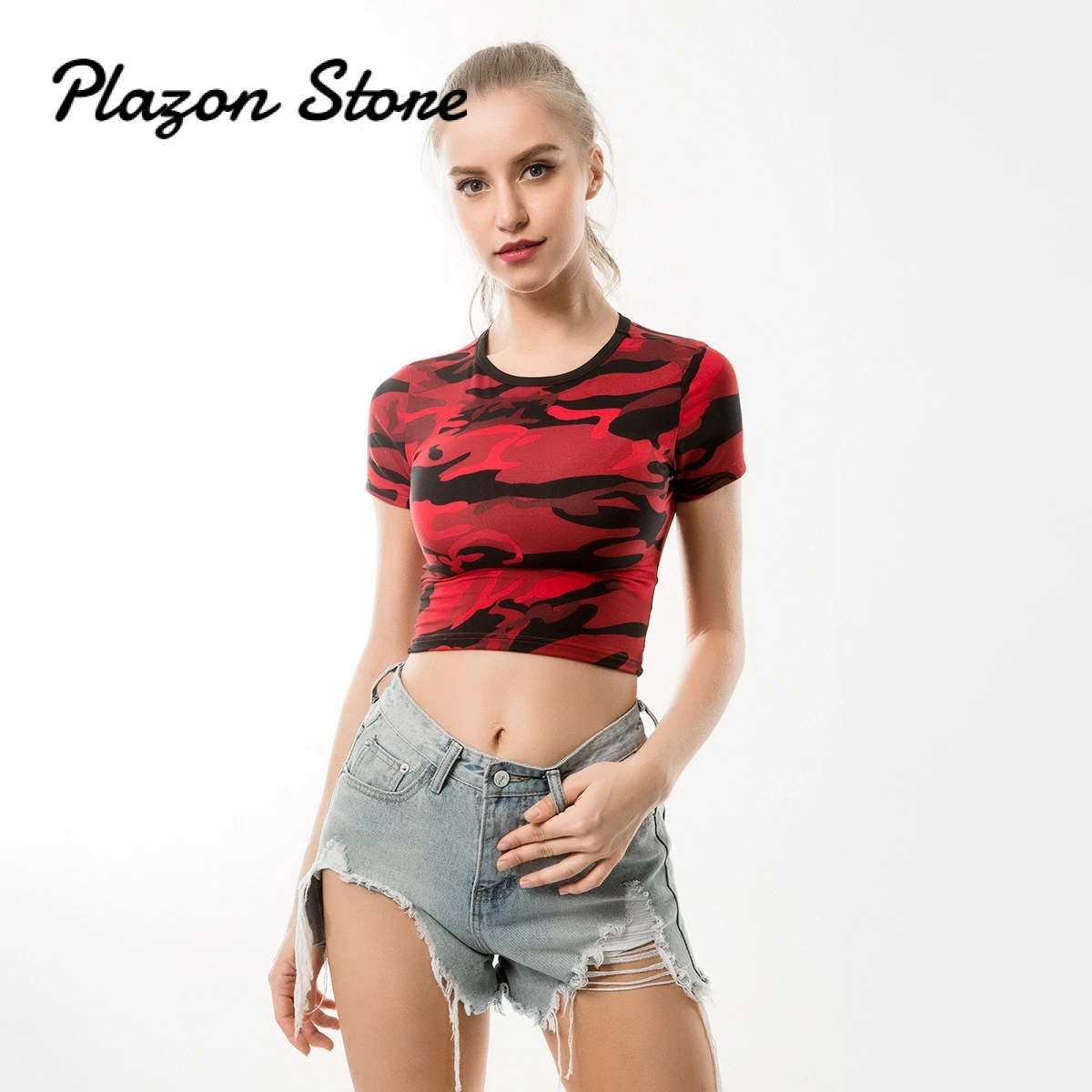 Камуфляж укороченный облегающая футболка с круглым вырезом моды Streewear Холтер