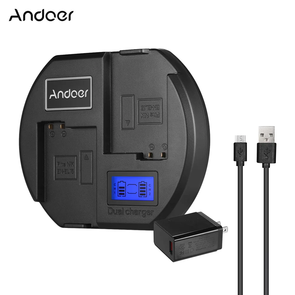 Фото Andoer Двухканальное зарядное устройство для камеры с американским адаптером