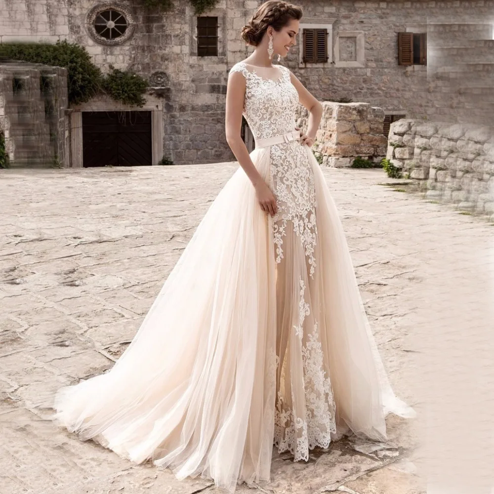 Charming Mermaid Wedding Dresses Sheer Skirt Removable Bridal Gown Lace Bride Dress Vestidos De Novia 2019 Robe De Mariee
Charming Mermaid Wedding Dresses Sheer Skirt Removable Bridal Gown Lace Bride Dress Vestidos De Novia 2019 Robe De Mariee
