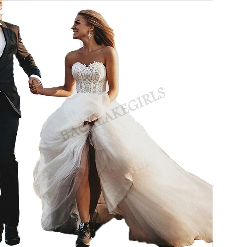 Фото Пляжное кружевное платье без бретелек неформальное свадебное рукавов белое со