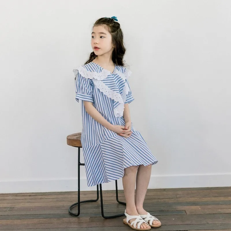 Лоскутное платье в полоску с оборками для девочек-подростков 2019 голубое летнее