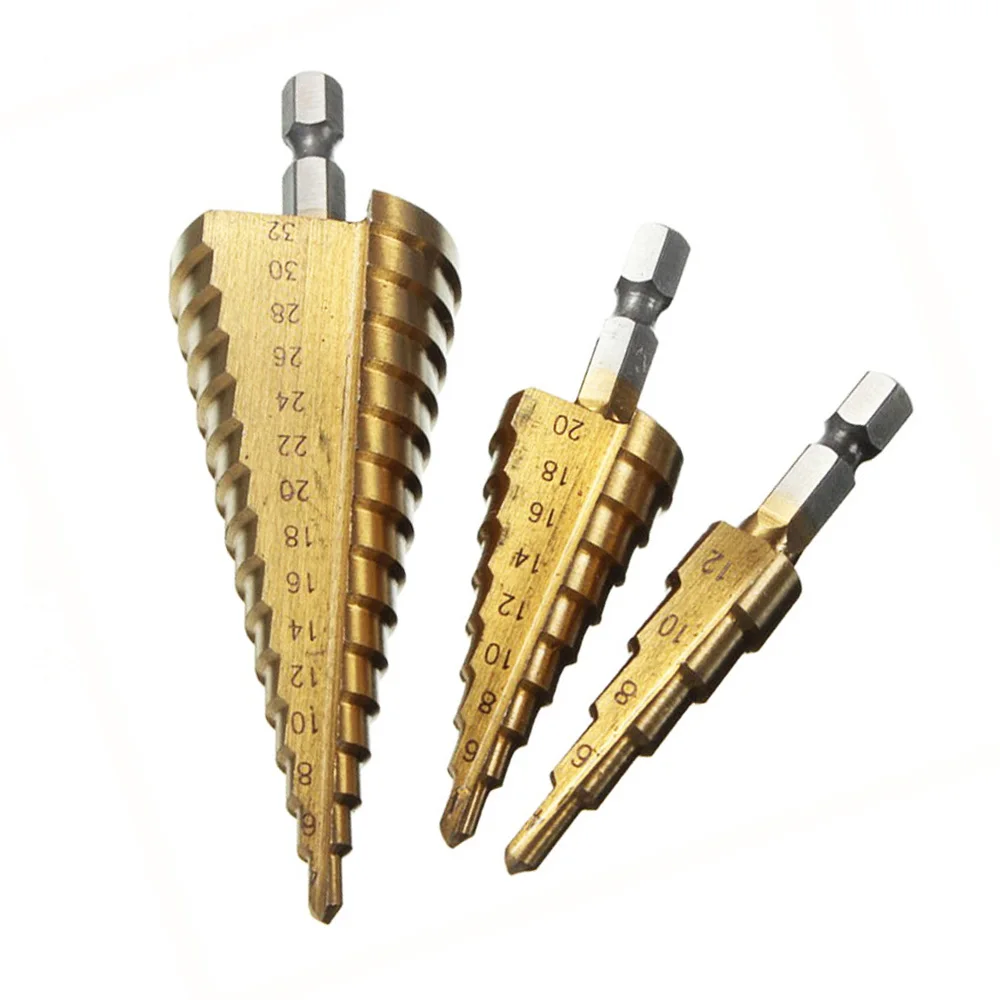 PEGASI 3pc Hss Step Cone Taper Drill Bit Set Metal Hole Cutter Metric 4-12/20/32mm 1/4" Titanium Coated Metal Hex Taper
PEGASI 3pc Hss Step Cone Taper Drill Bit Set Metal Hole Cutter Metric 4-12/20/32mm 1/4" Titanium Coated Metal Hex Taper