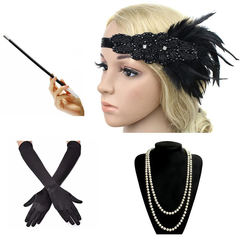 

1920s Great Gatsby Accessories Party Costume Set 20s Flapper Feather Headband Pearl Necklace Gloves Cigarette Holder 4 Pcs Set