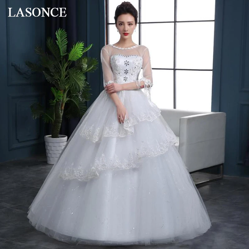 LASONCE Crystal O Neck Tiered Lace Appliques Ball Gown Wedding Dresses Illusion Half Sleeve Backless Bridal Dress
LASONCE Crystal O Neck Tiered Lace Appliques Ball Gown Wedding Dresses Illusion Half Sleeve Backless Bridal Dress