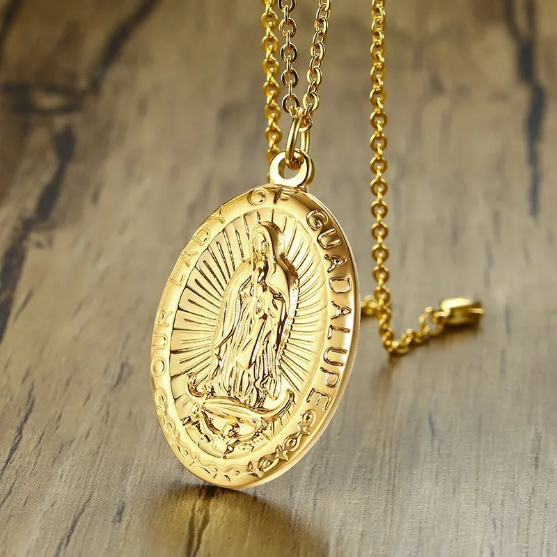Фото Мужская медаль Наша леди гуадалупа ожерелье из нержавеющей стали золотого цвета