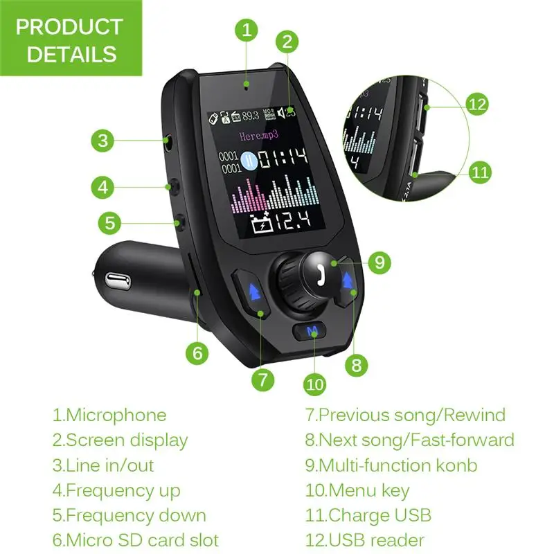 Onever 1.8 inch Color Screen Bluetooth 5.0 Car FM Transmitter Modulator MP3 Music player 2 USB Port AUX Port Car Charger Adapter
Onever 1.8 inch Color Screen Bluetooth 5.0 Car FM Transmitter Modulator MP3 Music player 2 USB Port AUX Port Car Charger Adapter
