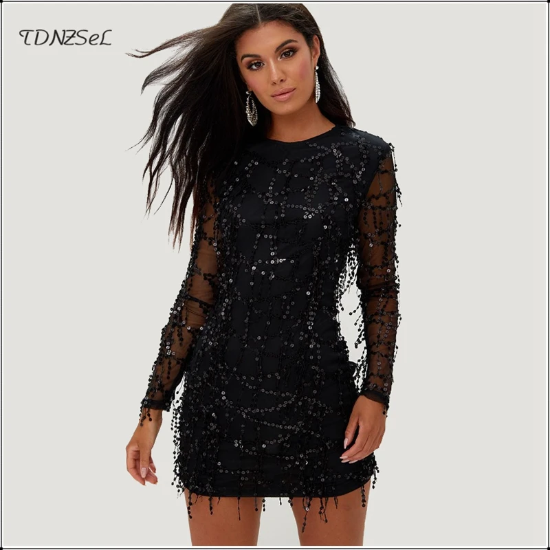 Sexy Mesh Sequined Tassel Short Mini Shiny Dress Black Glitter Women Long Sleeve Slim Bodycon Dresses Nightclub Party Dance Wear
Sexy Mesh Sequined Tassel Short Mini Shiny Dress Black Glitter Women Long Sleeve Slim Bodycon Dresses Nightclub Party Dance Wear