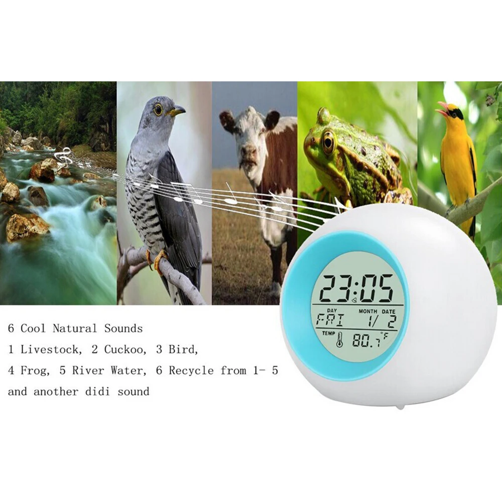 Creative 7 colorful backlight round children's alarm clock Calendar frontal ball alarm Natural sound decoration
Creative 7 colorful backlight round children's alarm clock Calendar frontal ball alarm Natural sound decoration
