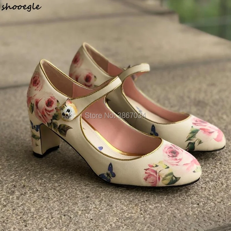 Фото Туфли SHOOEGLE женские с цветочным принтом свадебные туфли круглым носком Высокий