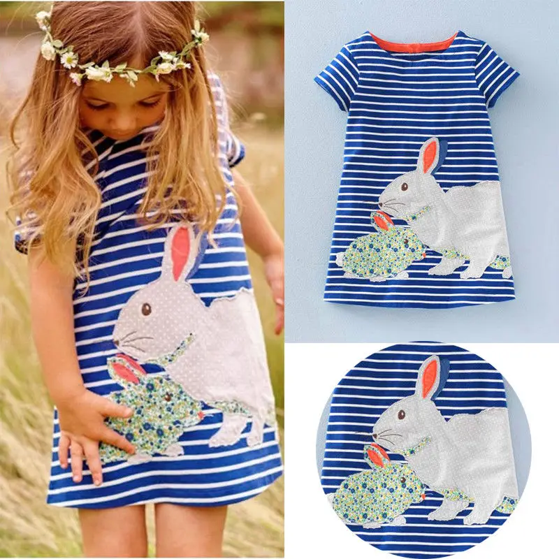 Pudcoco Girl Dress 2Y-7Y US Toddler Kids Baby Easter Bunny Stripe Princess Party Sundress 2-7T | Детская одежда и обувь