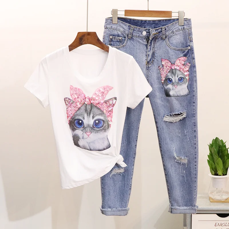 Comelsexy Summer Women Cartoon T Shirts Jeans Suits Fashion Sequins Cat Print Short Sleeve Tshirt + Denim Hole Tassel Pants Sets
Comelsexy Summer Women Cartoon T Shirts Jeans Suits Fashion Sequins Cat Print Short Sleeve Tshirt + Denim Hole Tassel Pants Sets