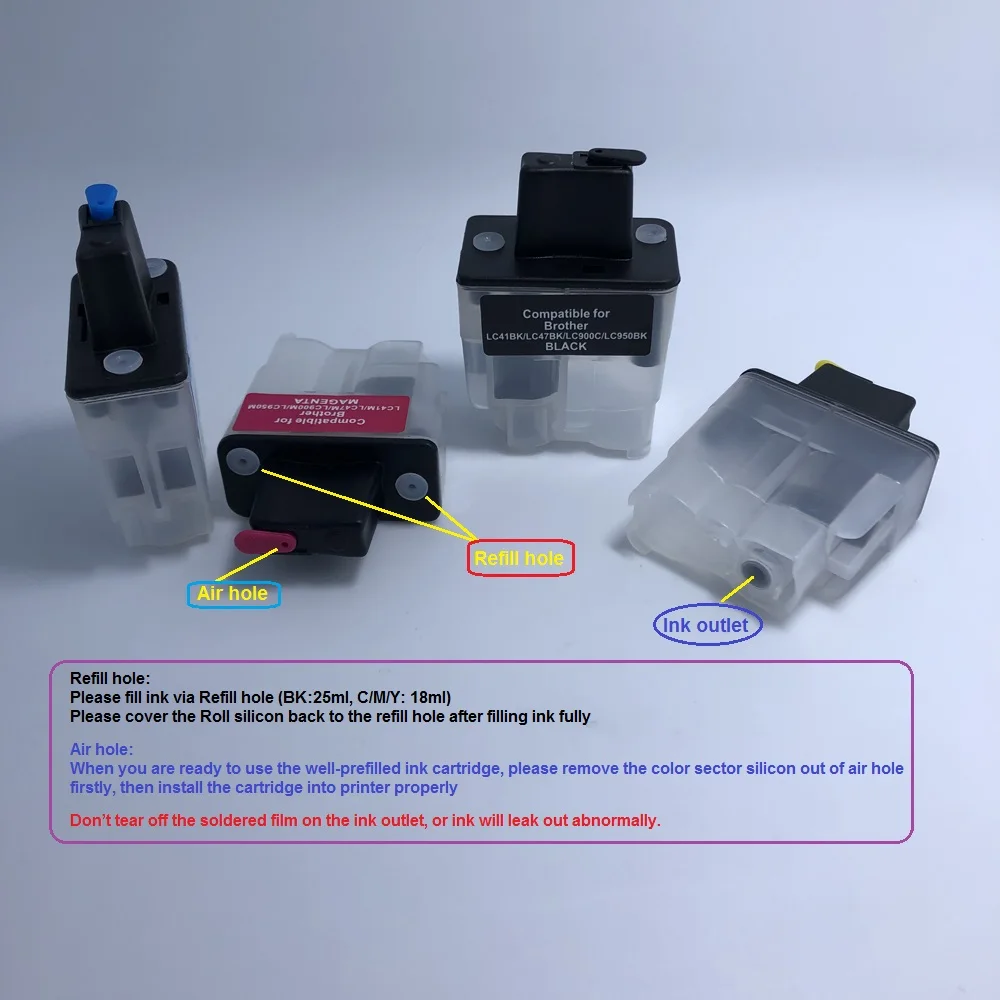 YOTAT Refillable ink cartridge LC41 LC47 LC900 LC950 for Brother FAX-1835C 1840C 1940CN 2440C DCP-110C DCP-310CN printer
YOTAT Refillable ink cartridge LC41 LC47 LC900 LC950 for Brother FAX-1835C 1840C 1940CN 2440C DCP-110C DCP-310CN printer