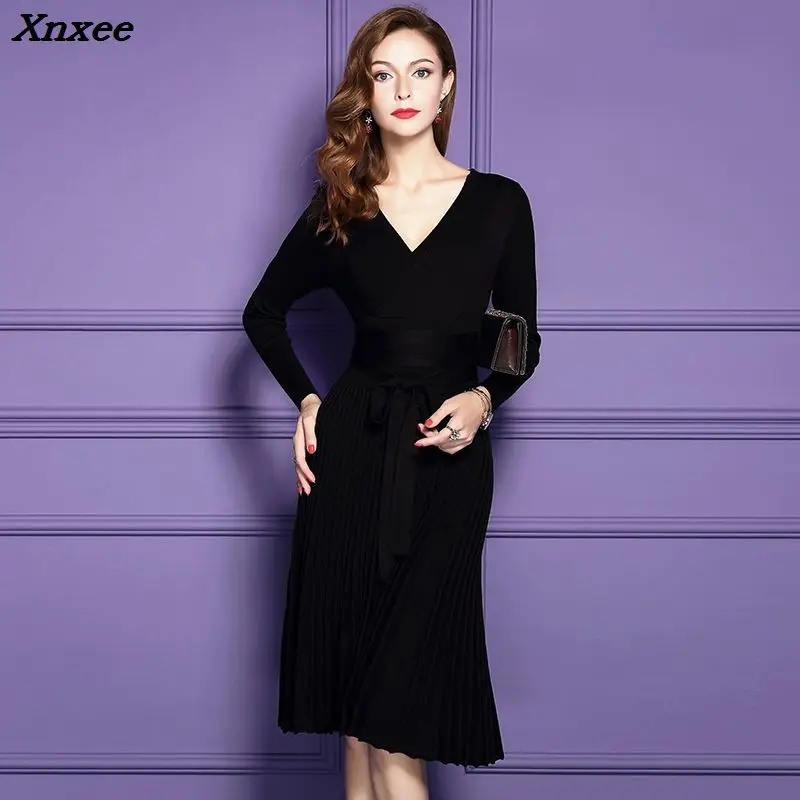 Elegant dress vintage sexy slim V-neck long sleeves with sashes knitted solid dress summer autumn woemn party dresses Xnxee
Elegant dress vintage sexy slim V-neck long sleeves with sashes knitted solid dress summer autumn woemn party dresses Xnxee