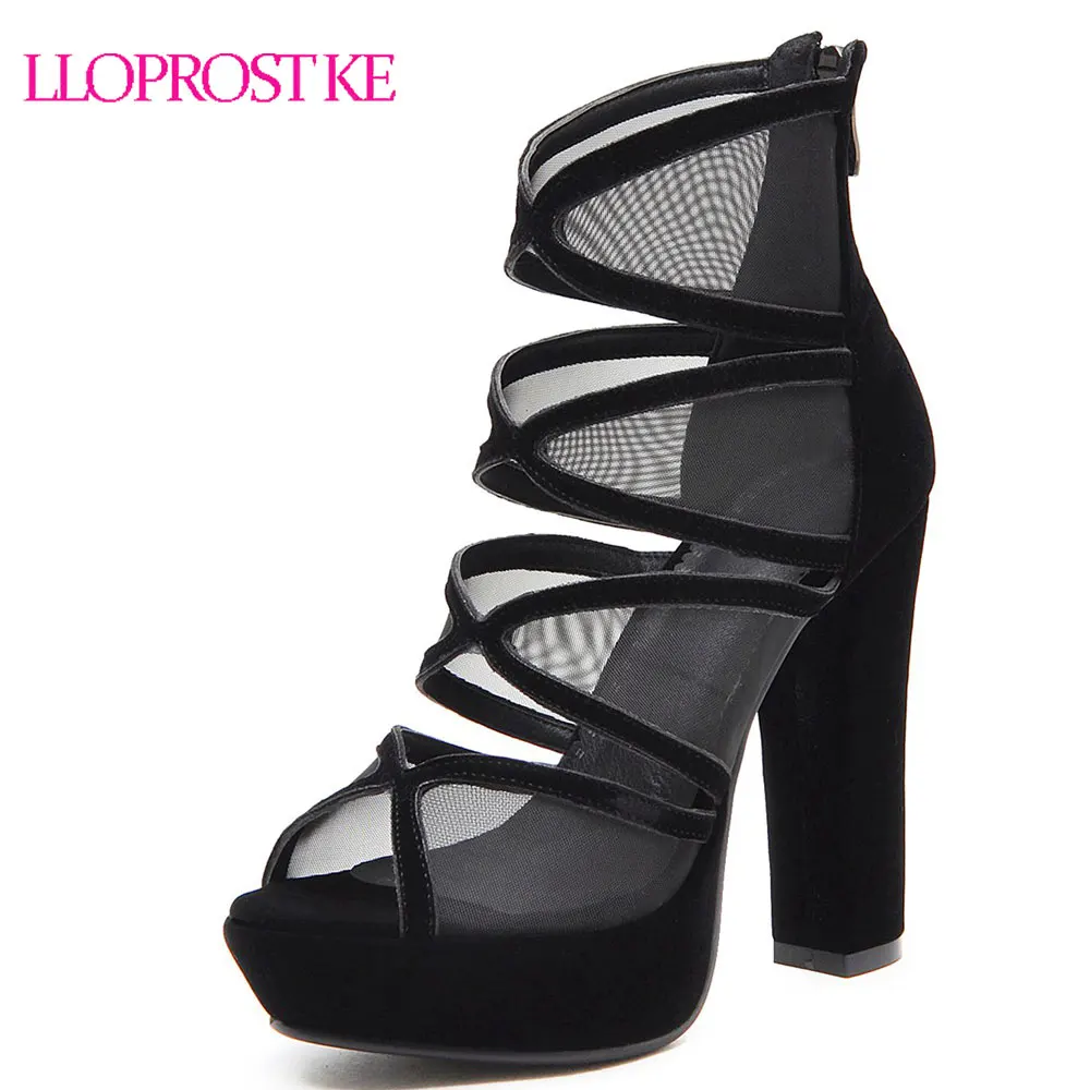

Lloprost ke 2019 Women Sandals Flock +Mesh Net Peep Toe High Thick Heel Summer Sweet Style Fashion Shoes Woman Size 33-43 H168