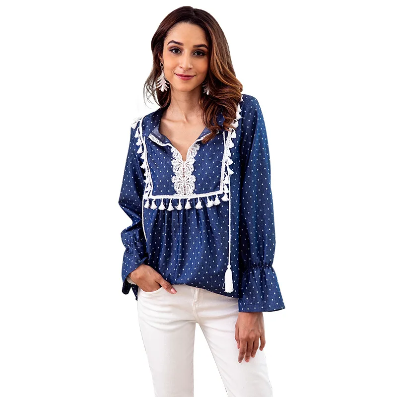 2018 Autumn Long Sleeve Cowboy Jacket Woman Lace Split Joint V Lead Pulling Rope Shirt
2018 Autumn Long Sleeve Cowboy Jacket Woman Lace Split Joint V Lead Pulling Rope Shirt