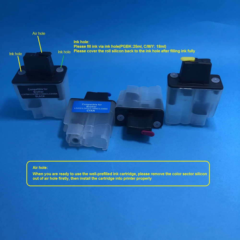 YOTAT Refillable ink cartridge LC41 LC47 LC900 LC950 for brother MFC-210C 420CN 3240C 3340CN 5440CN 5840CN printer
YOTAT Refillable ink cartridge LC41 LC47 LC900 LC950 for brother MFC-210C 420CN 3240C 3340CN 5440CN 5840CN printer