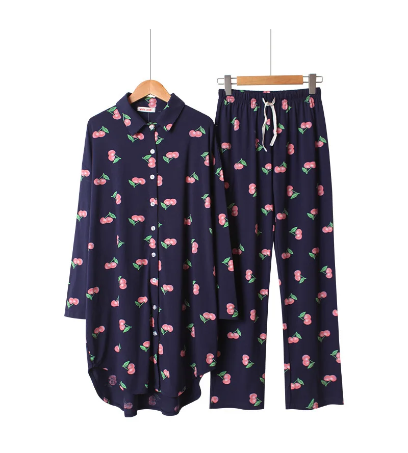 Summer Cotton Long-sleeved Trousers Pajamas for Women Cherry Printing Pajama Set Loose Plus Size Sleepwear Long Thin Pyjamas
Summer Cotton Long-sleeved Trousers Pajamas for Women Cherry Printing Pajama Set Loose Plus Size Sleepwear Long Thin Pyjamas
