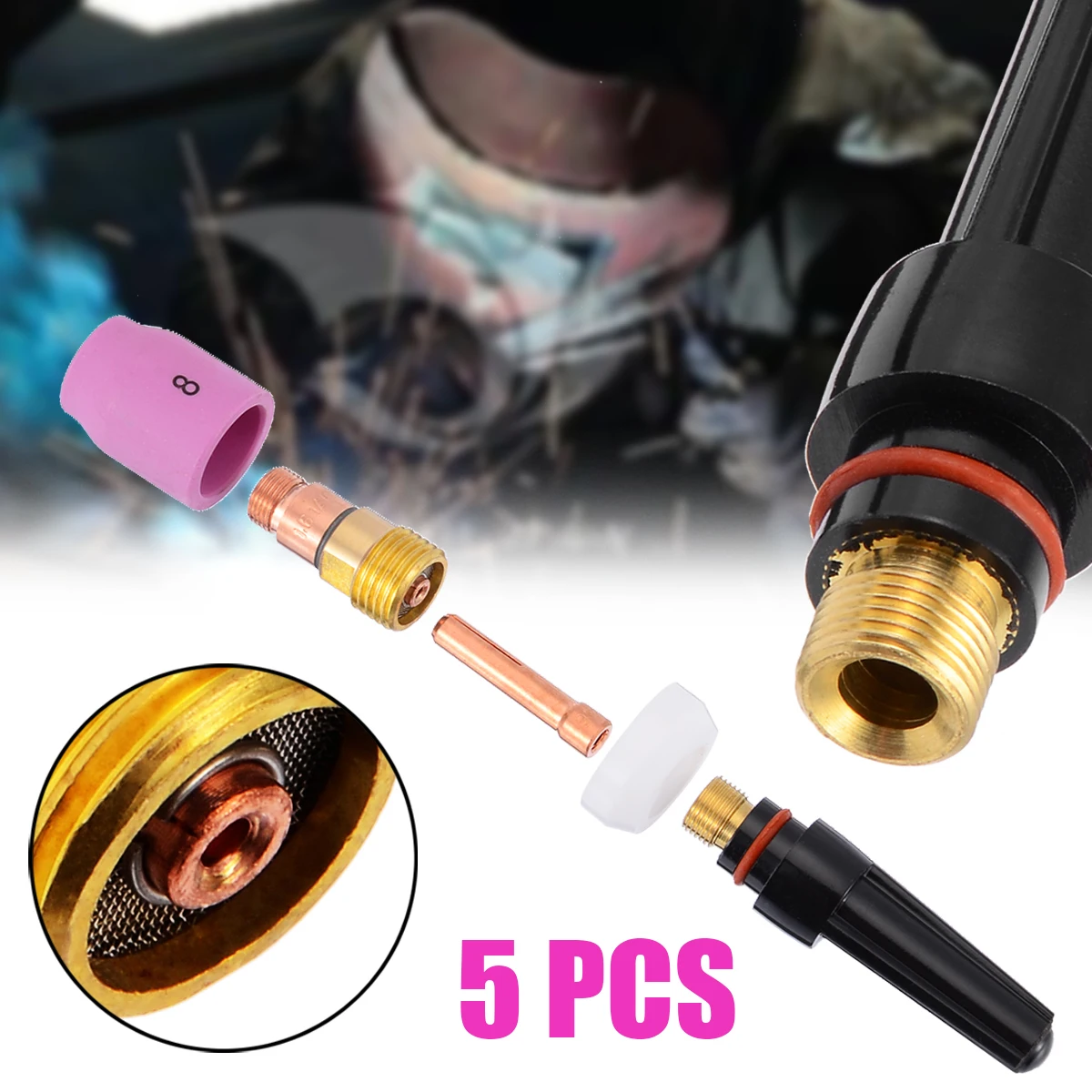 5pcs/set Welding Torch Stubby Cup Durable Gas Collet Body Lens Insulator Back Cup Kit For Tig WP-17/18/26 1.6mm
5pcs/set Welding Torch Stubby Cup Durable Gas Collet Body Lens Insulator Back Cup Kit For Tig WP-17/18/26 1.6mm