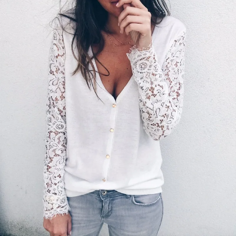 Long Sleeve Lace Button V-neck Shirt Blouse Ladies Loose V Neck Tops Lace Blouses Fashion Women's Summer
Long Sleeve Lace Button V-neck Shirt Blouse Ladies Loose V Neck Tops Lace Blouses Fashion Women's Summer