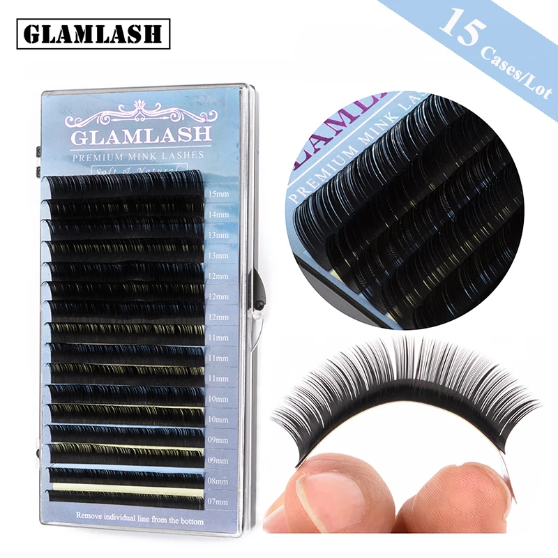 

GLAMLASH wholesale 15 Cases/Lot 16rows 7~15mm mix mink eyelash extension trays hand made individual eye lashes maquiagem cilios