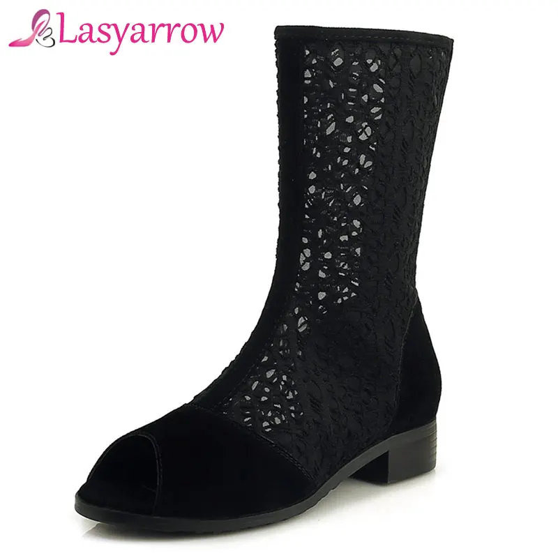 

Lasyarrow 2019 ankle boots women shoes peep toe flock summer boots zipper hollow out Square heels shoes woman big size 33-43