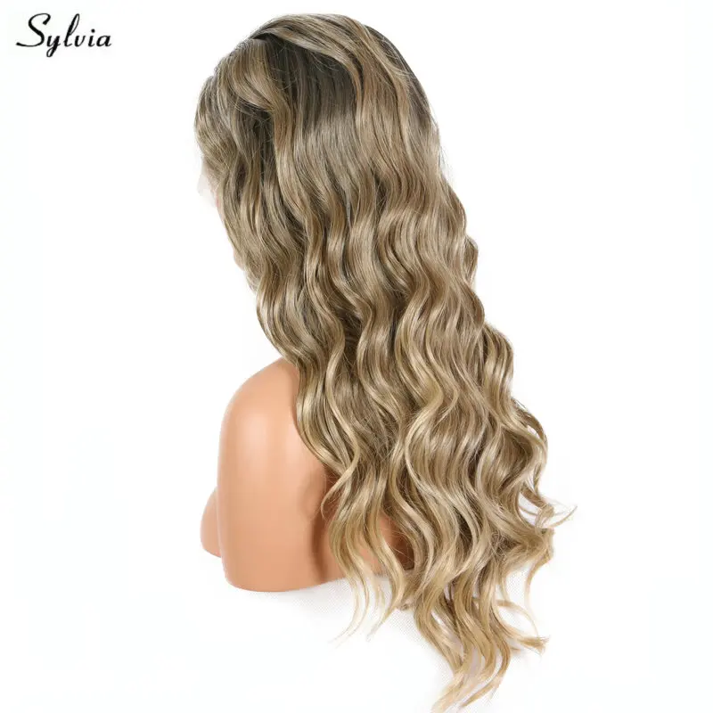 Sylvia Natural Handmade Hairline Dark Mixing Blonde Color Synthetic Lace Front Wigs For Women Long Wave Party Goods | Шиньоны и парики